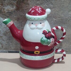 Temptations by Tara 3 Piece Ceramic Stacking Santa Teapot Mug Cup Set